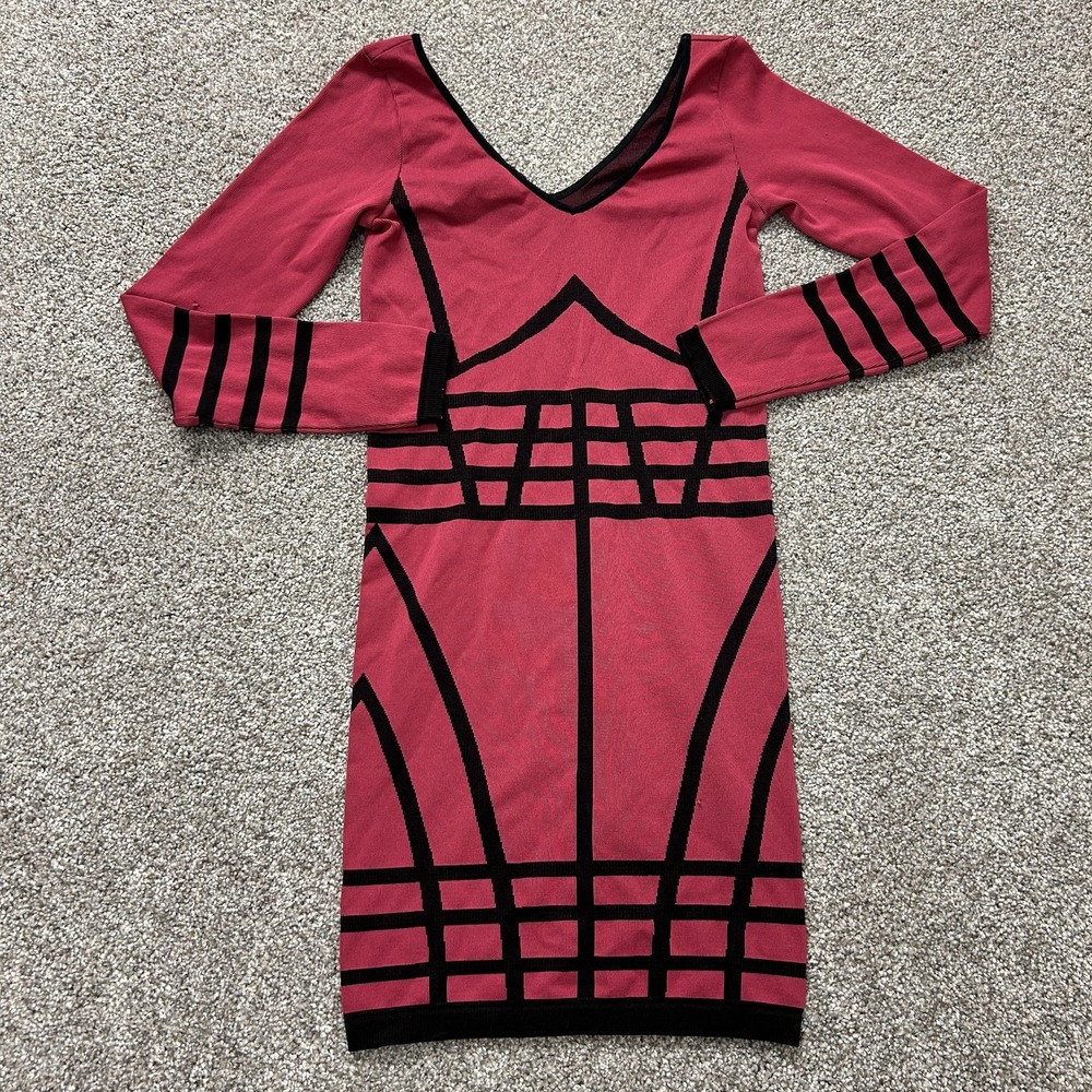 Bebe Dress Womens M/L Pink Geometric Long Sleeve Bodycon Mini Knit Party Club